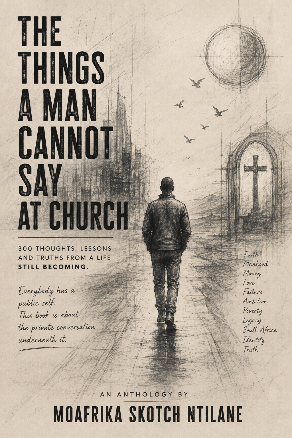 Book cover: a pencil illustration of a man walking away down a road between a city skyline and a church, under the title The Things a Man Cannot Say at Church, an anthology by MoAfrika Skotch Ntilane