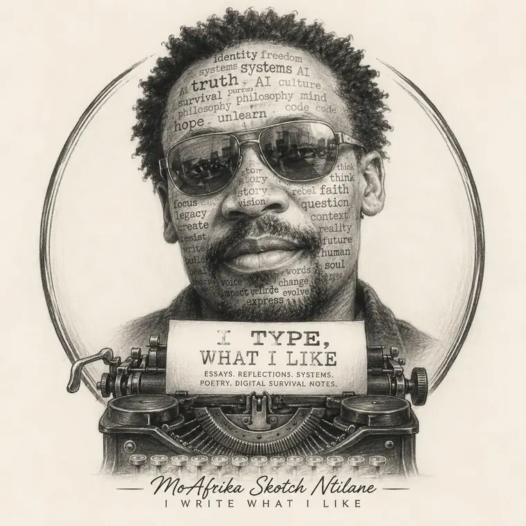 Illustrated portrait of MoAfrika Skotch Ntilane at a typewriter, with words like truth, systems, AI, faith and hope woven into the composition.
