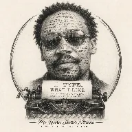 I TYPE, WHAT I LIKE - detailed pencil illustration of a man with glasses at a typewriter, with philosophical words on his face and the paper reading I TYPE, WHAT I LIKE
