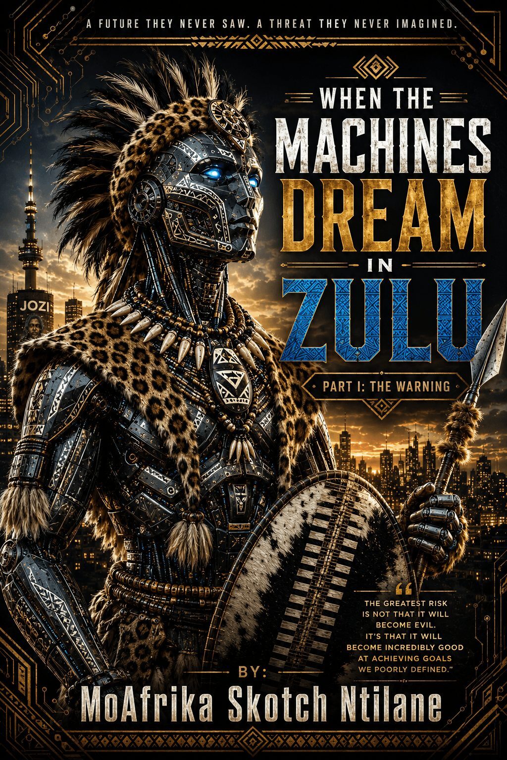 Cover of When the Machines Dream in Zulu: a machine warrior in leopard skin and Zulu regalia holding a spear and shield above the Johannesburg skyline at sunset